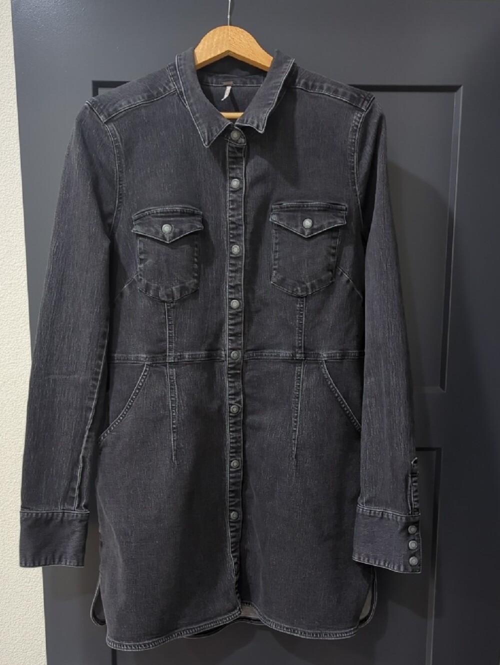 Free People Washed Black Denim Dress Long Shirt Jacket